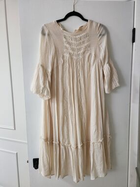 Boho Lace-Trim Cream Women’s Midi Dress